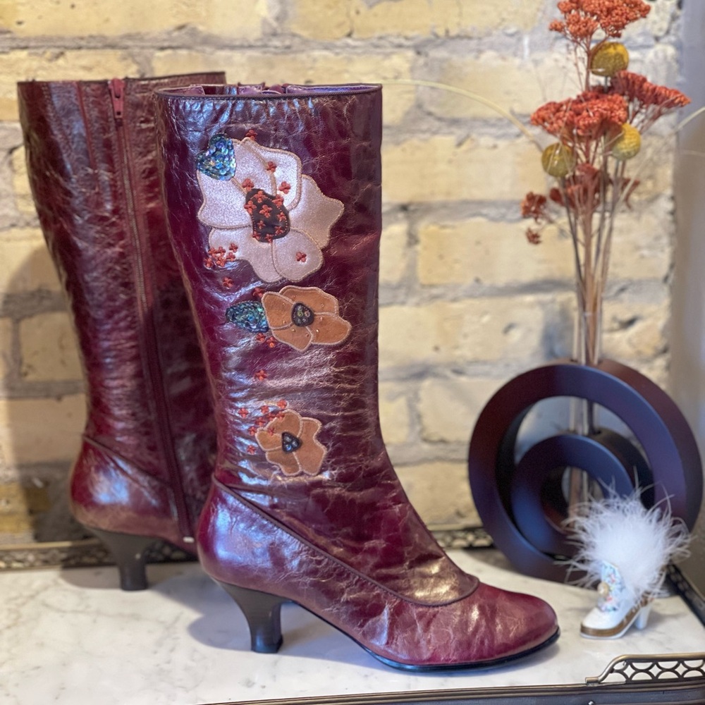 Floral Embroidered Leather Boots NWOT